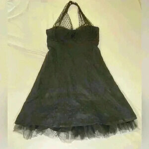 Vintage 90’s Betsy & Adam Halter Black Polka Dot  Tulle Midi Gothic Style Dress